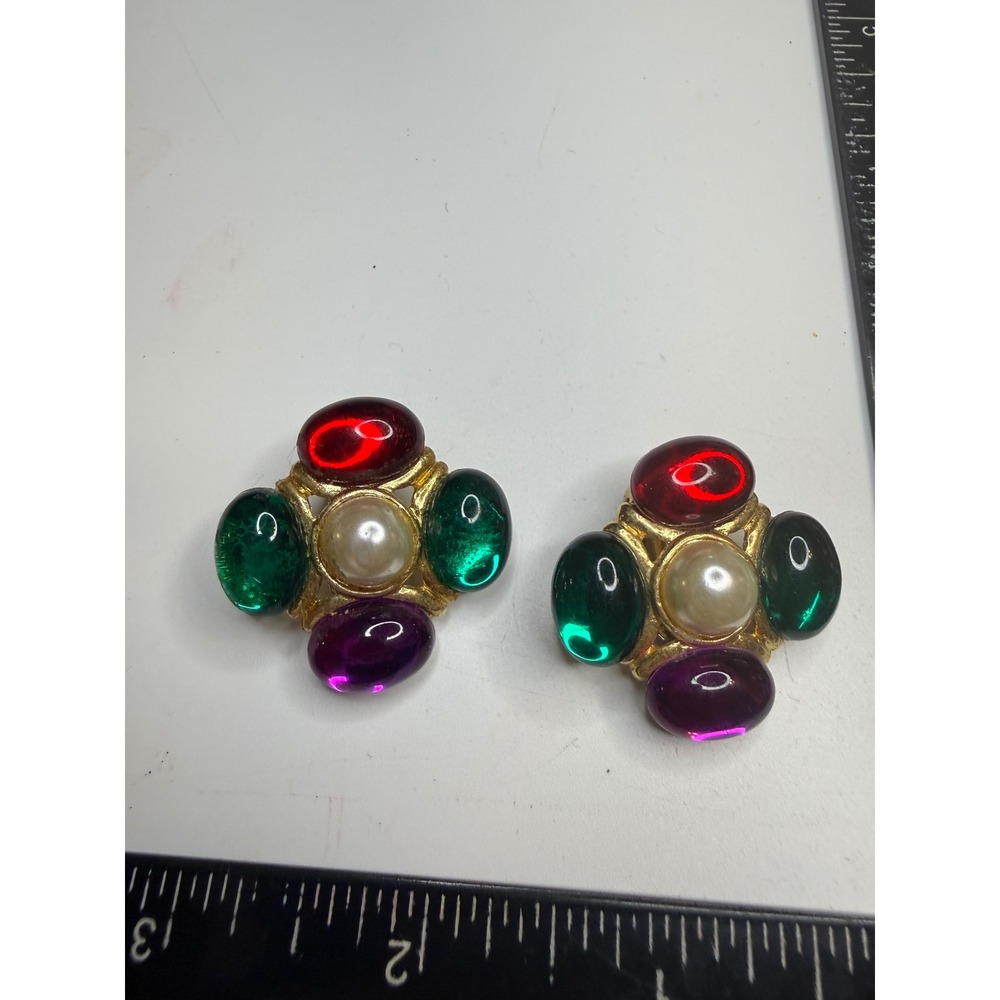 Vintage Jewel Tone Glass Cabochon Faux Pearl Gold Tone Clip On Earrings